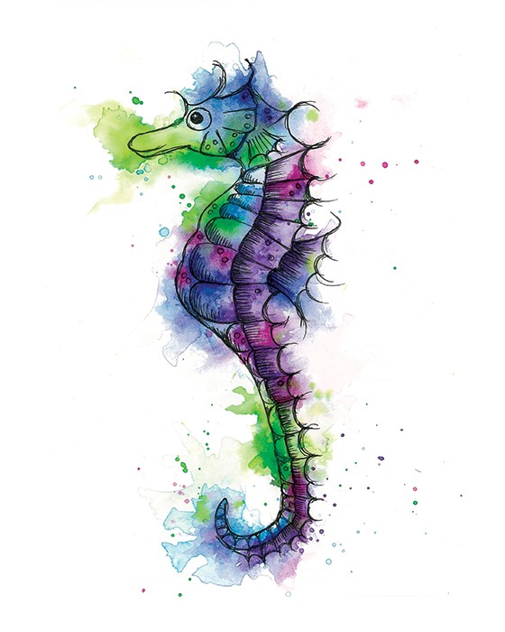 Purple-green-blue watercolor seahorse tattoo design