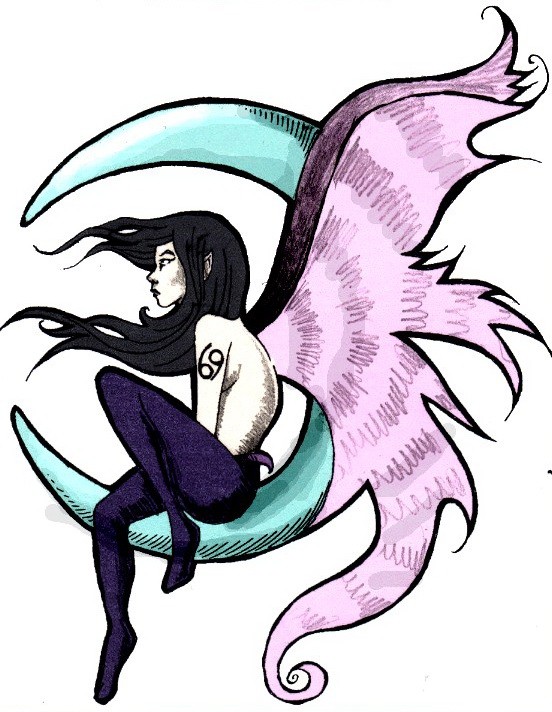 Purple-wing fairy with zodiac sign on shoulder sitting on blue moon tattoo design