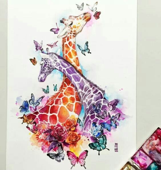 Purple and orange embracing giraffe couple and flying butterflies tattoo design
