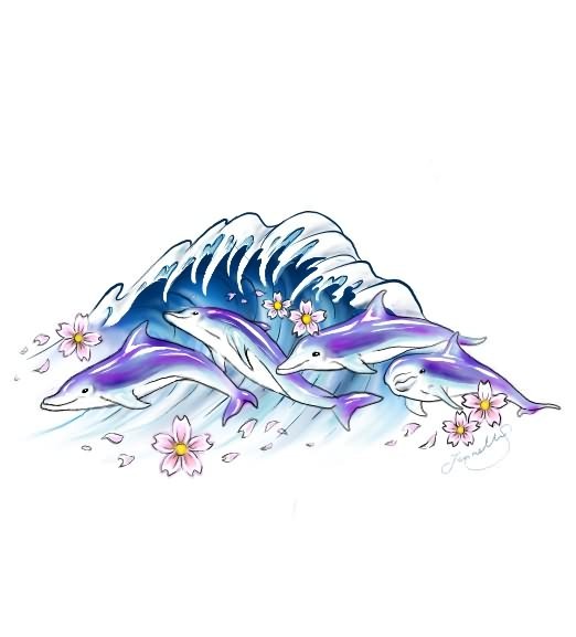 Purple dolphin flock diving under waves with cherry blossom tattoo design