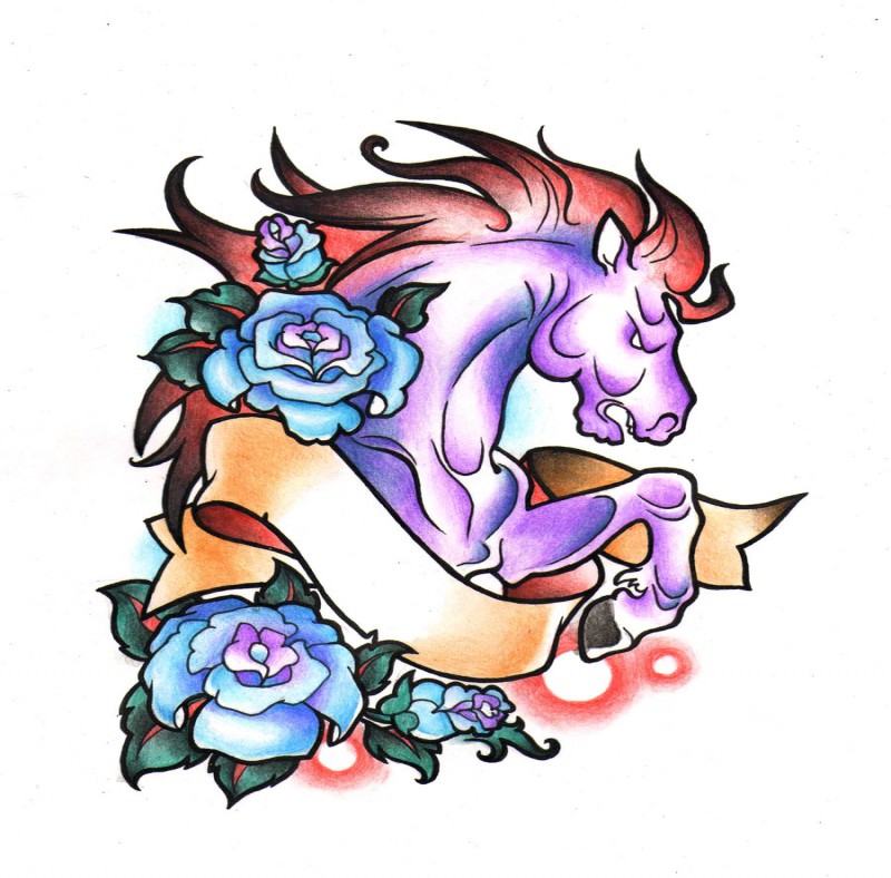 Purple horse with red mane decorated with blue roses and ribbon tattoo design by Katya Totosha