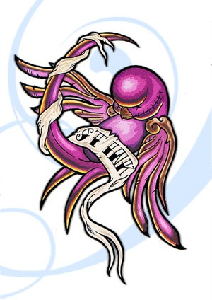 Purple murdered sparrow curled with banner tattoo design