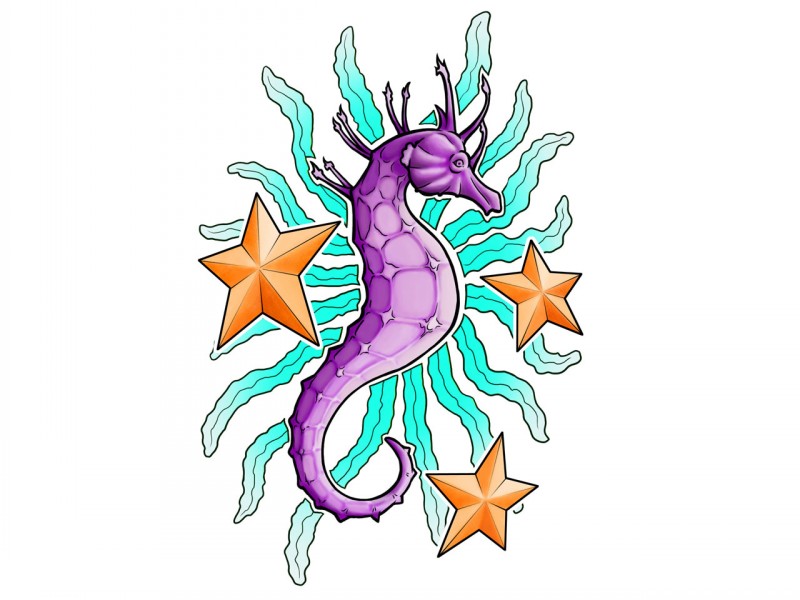 Purple seahorse with turquoise weeds andd three stars tattoo design
