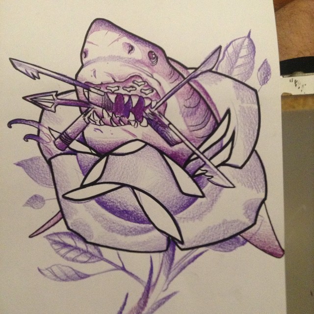 Purple shark with broken arrows tattoo design