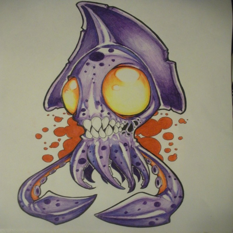 Purple water animal zombie with huge yellow eyes tattoo design by The Ozzman
