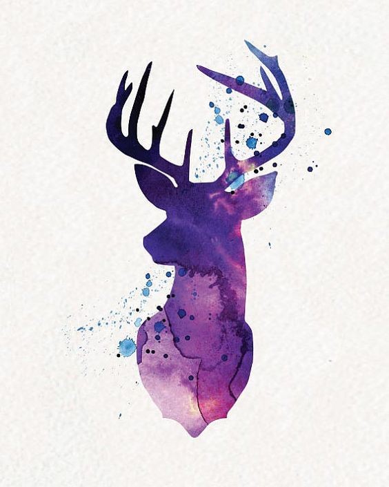 Purple watercolor deer head with blue spots tattoo design