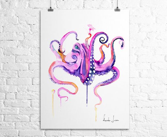 Purple watercolor diving octopus tattoo design