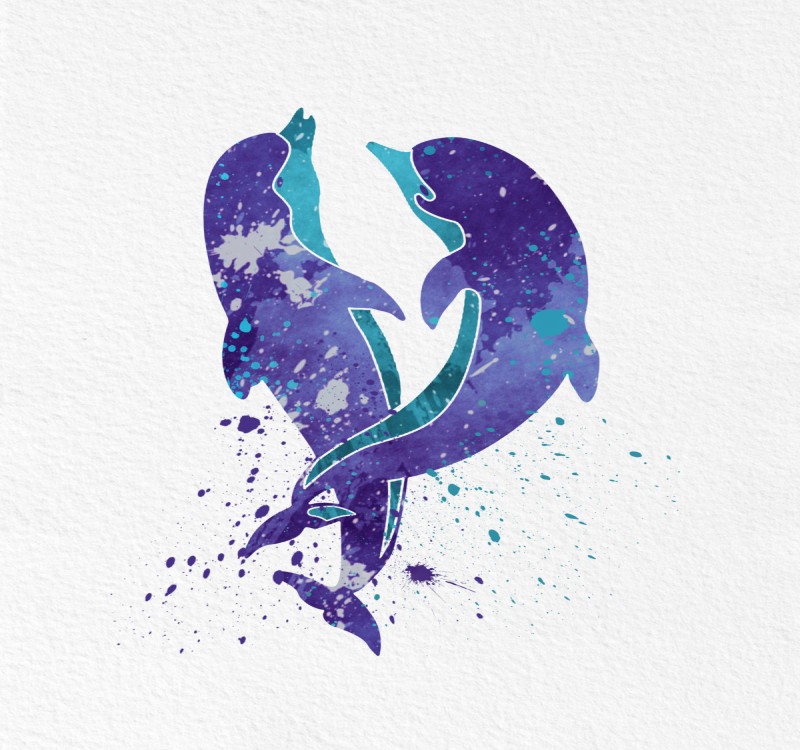 Purple watercolor dolphin couple with blue bellies tattoo design