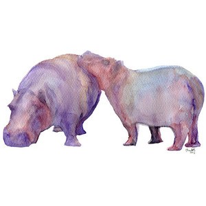 Purple watercolor hippo couple biting butts tattoo design