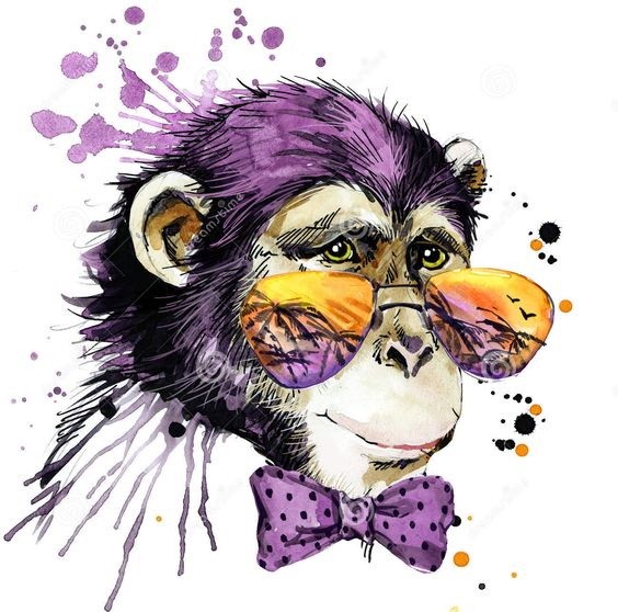 Purple watercolor monkey in orange sunglasses and tie-bow tattoo design