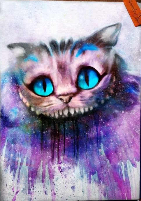 Purple watercolor smiling cheshire cat tattoo design