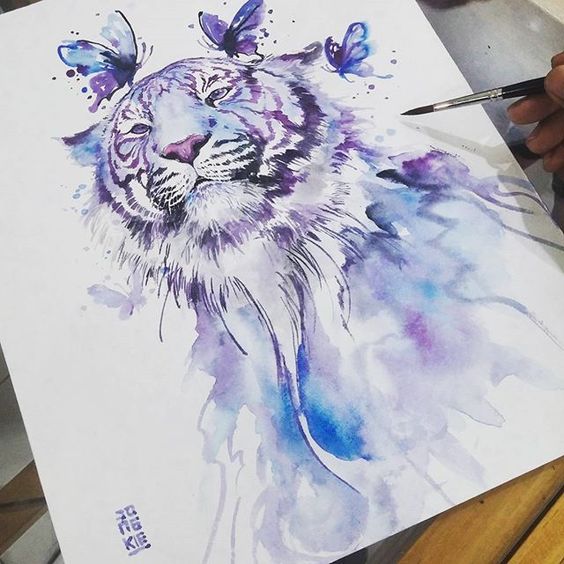 Purple watercolor tiger with butterflies tattoo design