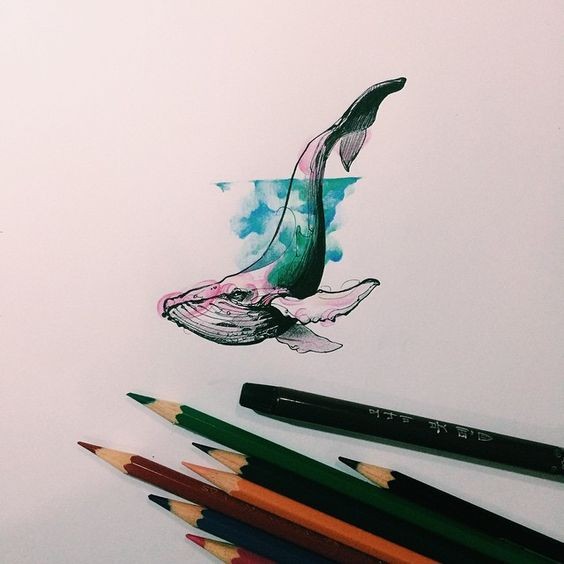 Purple whale diving under turquoise water tattoo design