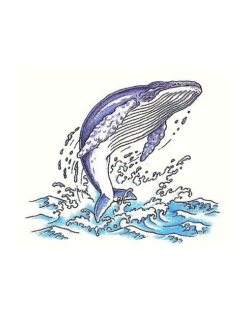 Purple whale jumping in blue waves tattoo design