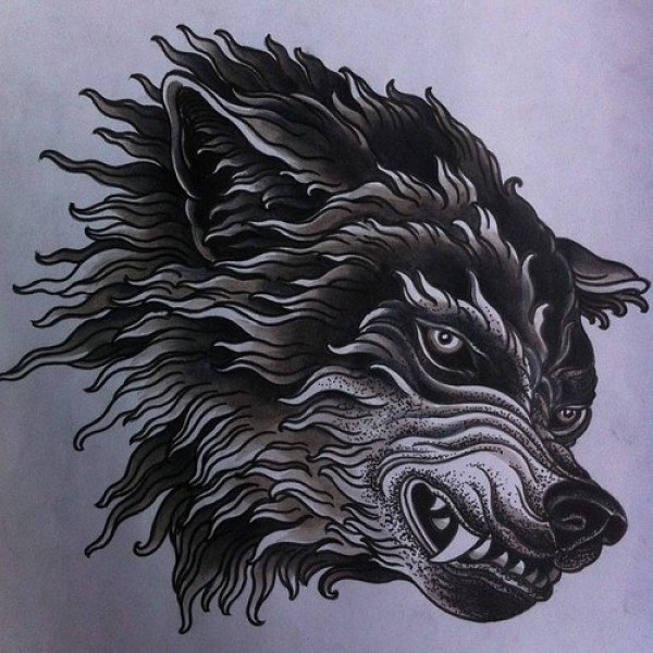 Raging black wolf with curly fur tattoo design