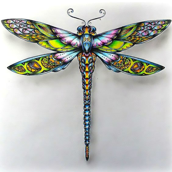 Rainbow-color dragonfly with swirly horns tattoo design