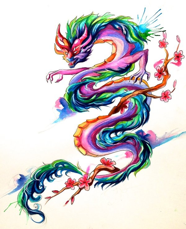 Rainbow-coloured asian dragon and cherry blossom branches tattoo design