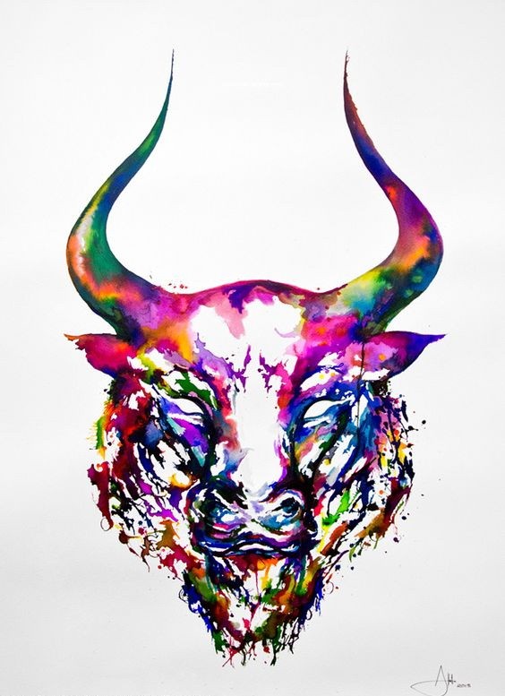 Rainbow watercolor bull head tattoo design