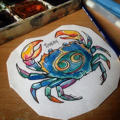 Rainbow watercolor crab with zodiac sign tattoo design