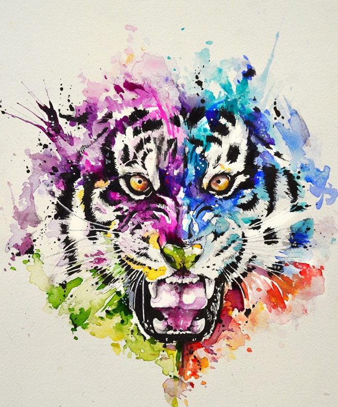 Rainbow watercolor gnarling tiger head tattoo design