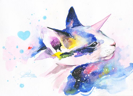 Rainbow watercolor horned cat tattoo design