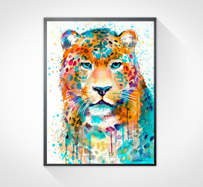 Rainbow watercolor jaguar portrait tattoo design