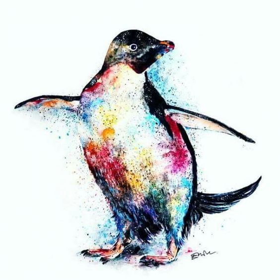 Rainbow watercolor penguin with waving flippers tattoo design