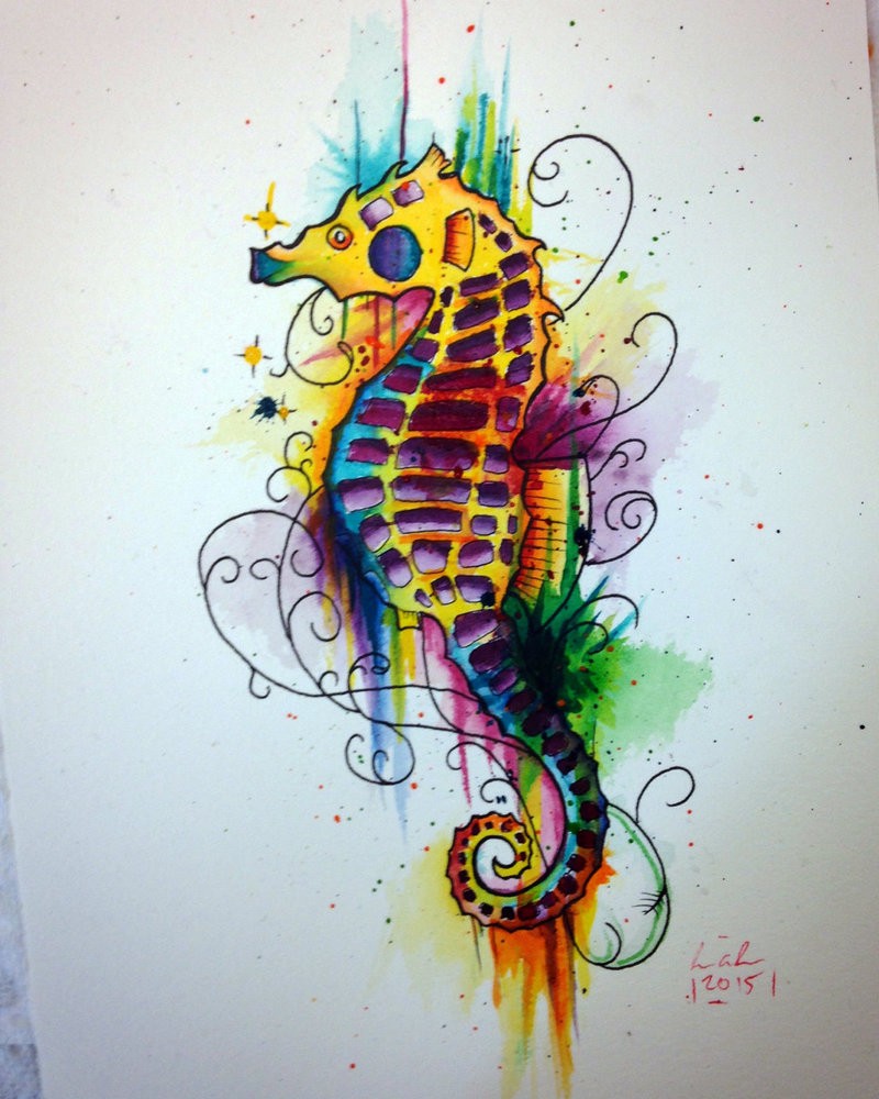 Rainbow watercolor seahorse with curls and smudges tattoo design by Noxmartyr
