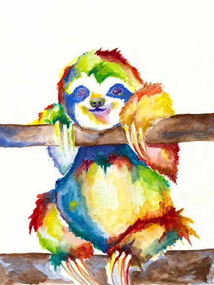 Rainbow watercolor sloth hanging on tree tattoo design
