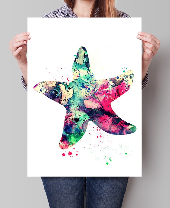 Rainbow watercolor starfish with splashes tattoo design