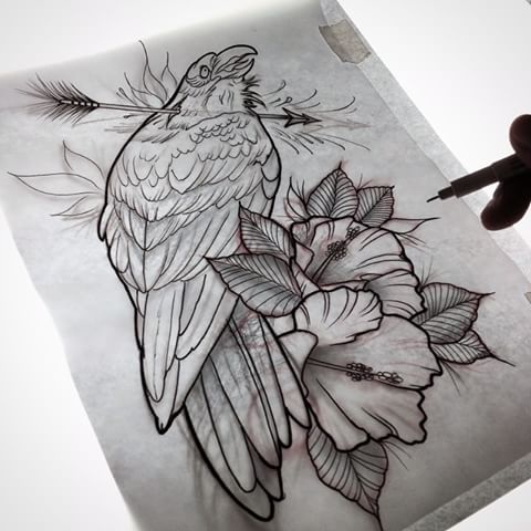 Raven pirced with arrow and hibiscus flowers tattoo design