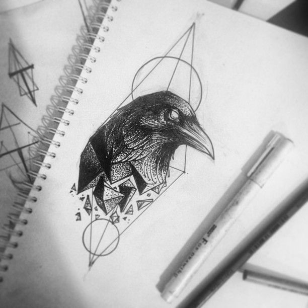 Raven portrait on geometric drawings tattoo design
