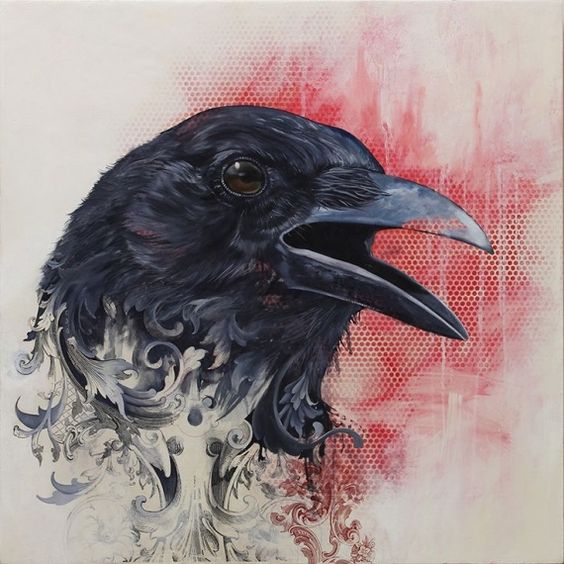 Raven portrait with curles on red watercolor background tattoo design