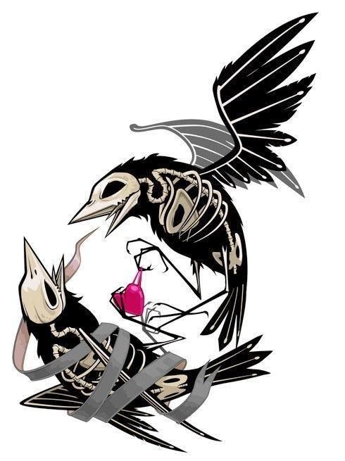 Raven skeletons fighting for a heart tattoo design