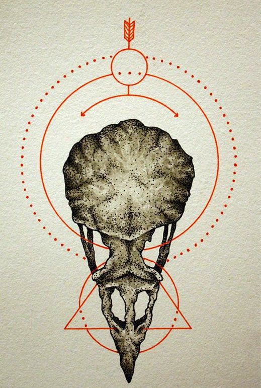 Raven skull on red geometric drawing tattoo design