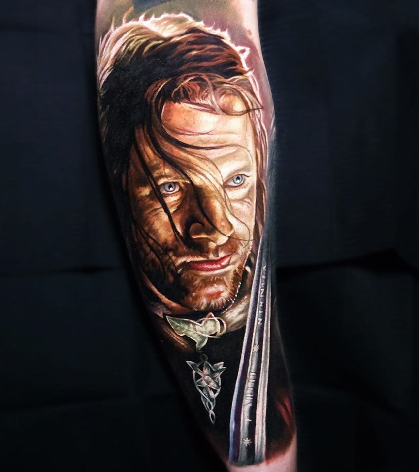 Realistic Aragorn from Lord of the Rings portrait tattoo