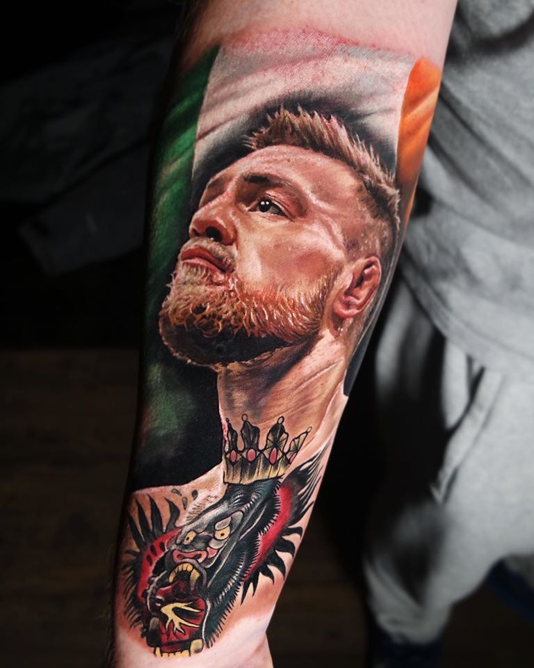 Realistic Conor McGregor portrait tattoo