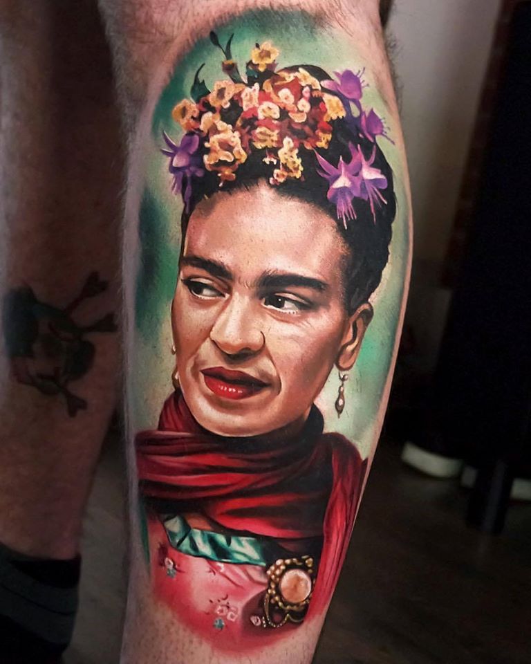 Realistic Frida Kahlo arm tattoo