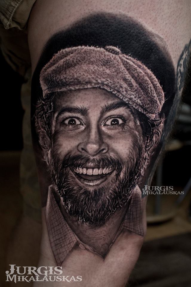 Realistic Jason Lee portrait tattoo