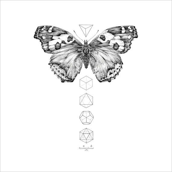 Realistic black-and-white butterfly and small geometric figures tattoo design