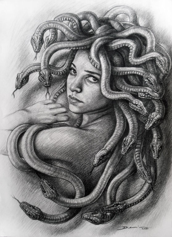 Realistic black-and-white medusa gorgona portrait from back tattoo design