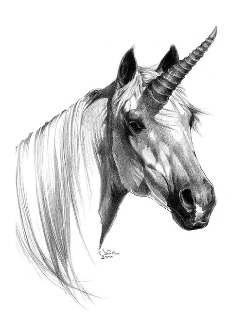 Realistic black-and-white unicorn portrait tattoo design