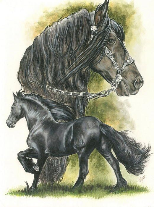 Realistic black horses on dark green background tattoo design