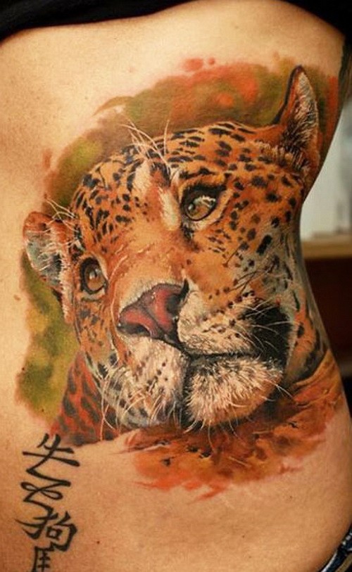 Realistic colorful cheetah head with signs tattoo on side