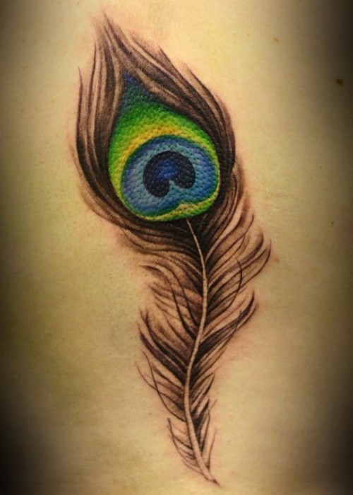 Realistic colorful peacock feather tattoo