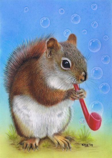 Realistic colorful squirrel with red pipe making bubbles tattoo design
