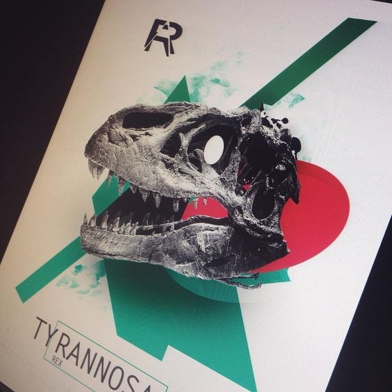 Realistic dinosaur skull on coloedul geometric background tattoo design