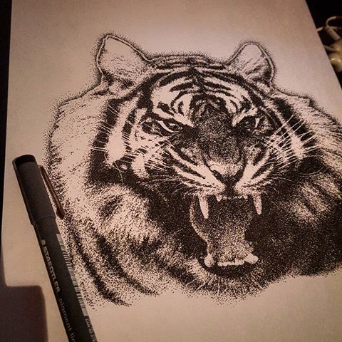Realistic dotwork roaring tiger tattoo design