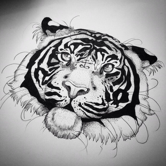 Realistic dotwork tiger face tattoo design