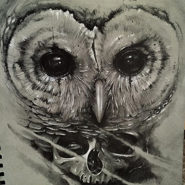 Realistic grey-color owl face and a skull tattoo design